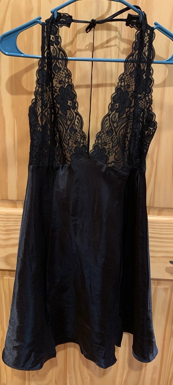 Frederick’s Of Hollywood Black Satin & Lace Halter Chemise L